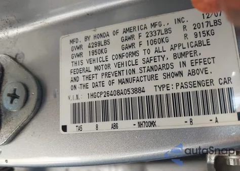 2008 Honda Accord 2.4 Lx-P from USA, damaged, VIN 1HGCP26408A053884